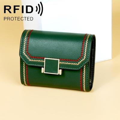 KB190 Cover Type Snap Button Cowhide Leather Organ Shape Multiple Card Slots Anti-magnetic RFID Wallet for Ladies(Army Green)