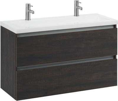 Saqu Gaia ondiep badmeubel incl. glans witte wastafel met 2 kraangaten 100x40x64cm kasteel bruin - aluminium greeplijst