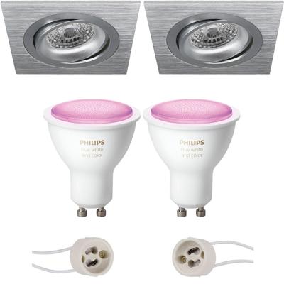 GU10 Inbouwspot Set - Mat Zilver - Inbouw Vierkant - Kantelbaar - Philips Hue - White and Color Ambiance - Bluetooth - Pragmi Borny Pro - 92mm