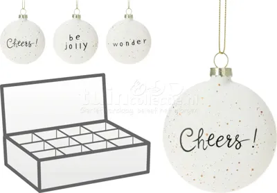 Kerstbal Glas Ø8cm Wit met Tekst Assorti 1st Kerstbal Glas Ø8cm Wit met Tekst Assorti 1st