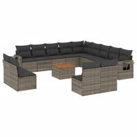 14-delige Loungeset met kussens poly rattan grijs - thumbnail