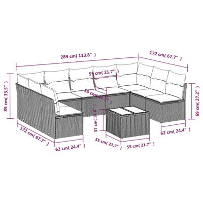 10-delige Loungeset met kussens poly rattan zwart - thumbnail