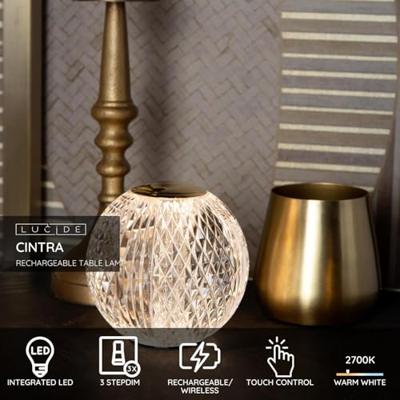 Lucide CINTRA - Oplaadbare Tafellamp - Accu/Batterij - Ø 9 cm - LED 3 StepDim - 1x1,5W 2700K - Transparant Lucide CINTRA - Oplaadbare Tafellamp - Accu/Batterij - Ø 9 cm - LED 3 StepDim - 1x1,5W 2700K - Transparant