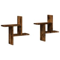 Wandschappen 2 st 38x12x38 cm bewerkt hout gerookt eikenkleurig - thumbnail