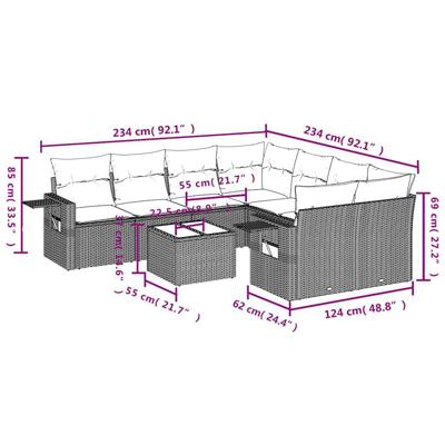 9-delige Loungeset met kussens poly rattan zwart