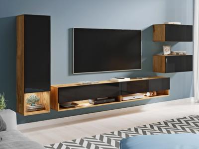 Tv-meubel set AMOS 5 deuren woten eik/hoogglans zwart Tv-meubel set AMOS 5 deuren woten eik/hoogglans zwart