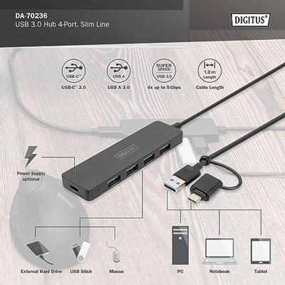 Digitus DA-70236 DA-70236 USB-hub 4 poorten USB-A USB 3.0 5 GBit/s Met USB-C stekker Zwart