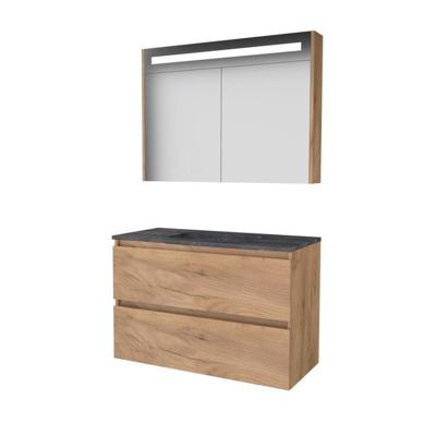 Basic-Line Premium 46 Badkamermeubelset - 100 x 46 cm - Greeploos - 2 Lades - Hardstenen Wastafel - 1 Kraangat - Spiegelkast met LED Verlichting - Whisky Oak
