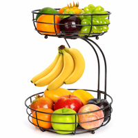 XEMM Fruitmand met Bananenhouder - 2-Laags Rond - Zwart Metaal - thumbnail