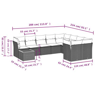 10-delige Loungeset met kussens poly rattan grijs