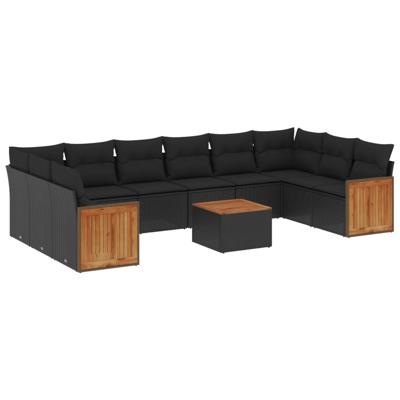 10-delige Loungeset met kussens poly rattan zwart