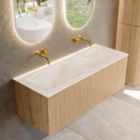 Mondiaz KURVE-DLUX 120 cm Onderkast Greeploos 1 Lade Zonder Deuren Oak, Wastafel Solid Surface Dubbel Ostra 0 Kraangaten Zonder Spiegel (KRVLEA1201L0D0KD-Oak/Ost) - thumbnail
