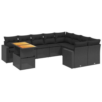 10-delige Loungeset met kussens poly rattan zwart
