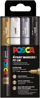 Uni POSCA paintmarker PC-1MC, 0,7 - 1 mm, etui van 4 stuks, goud, zilver, wit en zwart Uni POSCA paintmarker PC-1MC, 0,7 - 1 mm, etui van 4 stuks, goud, zilver, wit en zwart