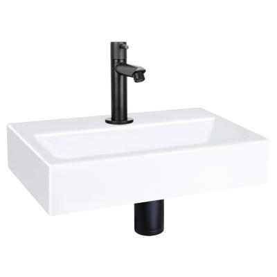 Differnz Flat fonteinset - 38x24x8cm - Rechthoek - 1 kraangat - Recht matte zwarte kraan - Keramiek Wit 38.400.01
