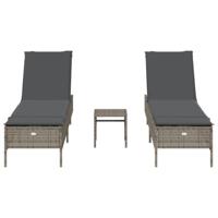 3-delige Ligbeddenset met kussens poly rattan grijs - thumbnail