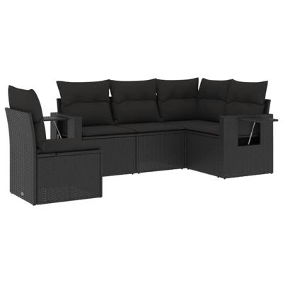 5-delige Loungeset met kussens poly rattan zwart - thumbnail