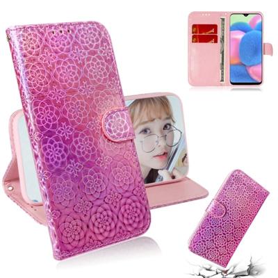 Voor Galaxy A30s effen kleur kleurrijke magnetische Buckle horizontale Flip PU lederen draagtas met houder & kaartsleuven & portemonnee & Lanyard (roz