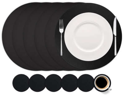 Cookinglife 6 Placemats + 6 Onderzetters - Rond - Vegan leer - Zwart