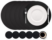 Cookinglife 6 Placemats + 6 Onderzetters - Rond - Vegan leer - Zwart - thumbnail