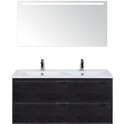 Porto Badmeubelset 120 cm - 2 Laden Black Oak - Keramische Wastafel Wit Slim met Sence Spiegel