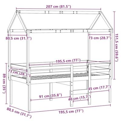 Hoogslaper met dak massief grenenhout wasbruin 75x190 cm - thumbnail