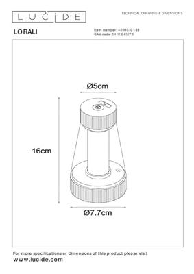 Lucide LORALI - Oplaadbare Tafellamp Binnen/Buiten - Accu/Batterij - Ø 7,7 cm - LED Dimb. - 1x1,2W 2600K/3000K - IP44 - Zwart