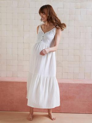 Jurk met smalle bandjes van katoengaas, zwangerschap en borstvoeding wit