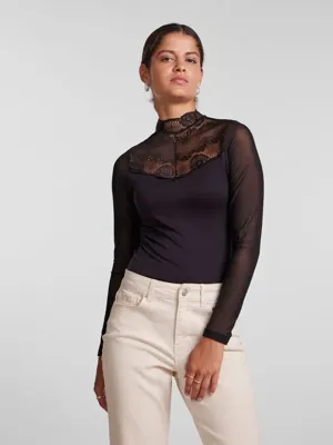 Kanten body lange mouw- Naya Bodystocking - Kanten bodysuit lange mouwen maat XS zwart