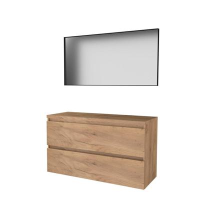 Basic-Line Framed 46 Badkamermeubelset - 120 x 46 cm - Greeploos - 2 Lades - Wastafelblad - Spiegel met Zwart Aluminium Frame - Whisky Oak