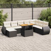 9-delige Loungeset met kussens poly rattan zwart - thumbnail