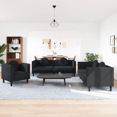 3-delige Loungeset met kussens fluweel zwart - thumbnail