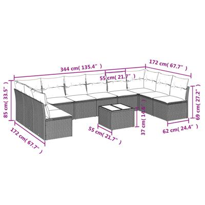 11-delige Loungeset met kussens poly rattan bruin - thumbnail