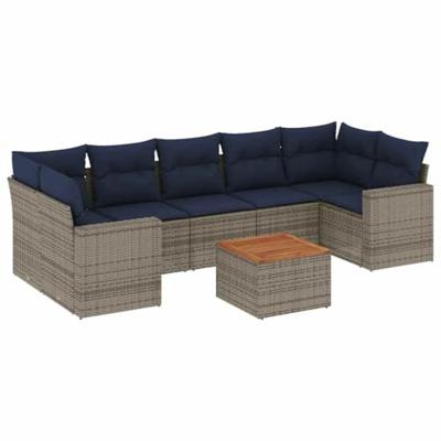 8-delige Loungeset met kussens poly rattan grijs