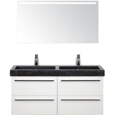 Seville Badmeubelset 120 cm - 4 Laden Wit Hoogglans - Wastafel Lucca Dubbel met Sence Spiegel