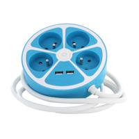 Ronde design stekkerdoos - CHACON - 4X16 A - 1,5 m snoer - Met 2 USB-A + Schakelaar - Blauw - thumbnail