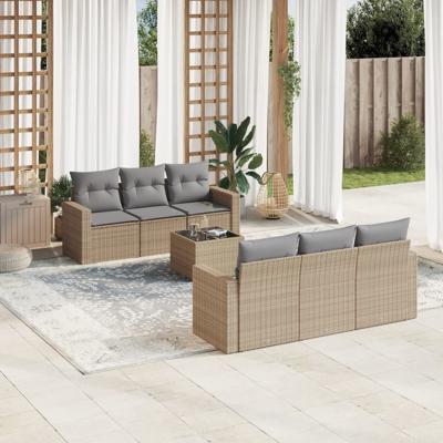 7-delige Loungeset met kussens poly rattan beige - thumbnail