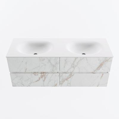 MONDIAZ VICA 130cm badmeubel onderkast Carrara 4 lades. Wastafel MOON dubbel zonder kraangat, kleur Talc.