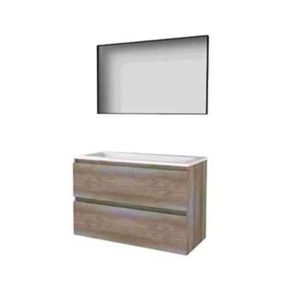 Basic-Line Framed 46 Badkamermeubelset - 100 x 46 cm - Greeploos - 2 Lades - Acryl Wastafel - Zonder Kraangat - Spiegel met Zwart Aluminium Frame - Scotch Oak