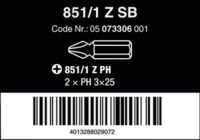Wera 851/1 Z SB SiS 05073306001 Kruis-bit PH 3 Gereedschapsstaal Gelegeerd, Taai D 6.3 2 stuk(s)