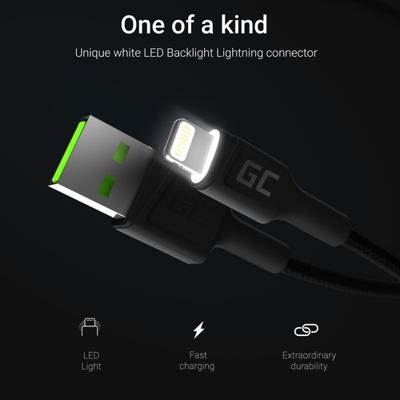 Green Cell KABGC12 Lightning-kabel 2 m Zwart