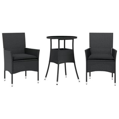 3-delige Tuinset met kussens poly rattan en glas zwart