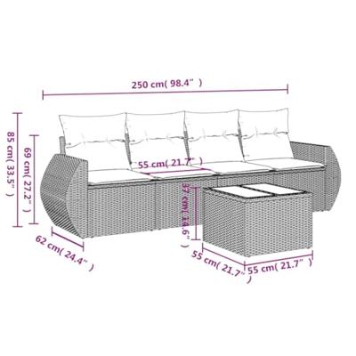 5-delige Loungeset met kussens poly rattan zwart