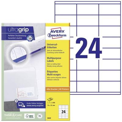 Avery Zweckform 3422, Universele etiketten, Ultragrip, wit, 100 vel, 24 per vel, 70 x 35 mm Avery Zweckform 3422, Universele etiketten, Ultragrip, wit, 100 vel, 24 per vel, 70 x 35 mm