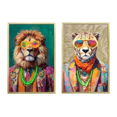 Schilderij Home ESPRIT Beige Roze Blommor Leeuw Modern 63 x 3 x 93 cm (2 Stuks)