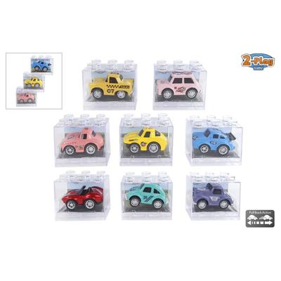 2-play die-cast pull back auto in transparant doosje, 6cm