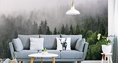 Fotobehang - Bomen in de mist, Bos, groen/grijs, Vinyl behang, 11 maten, Premium Print, inclusief behanglijm, eenvoudig aan te brengen