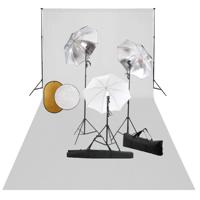 Fotostudioset met lampen, paraplu's, achtergrond en reflector - thumbnail