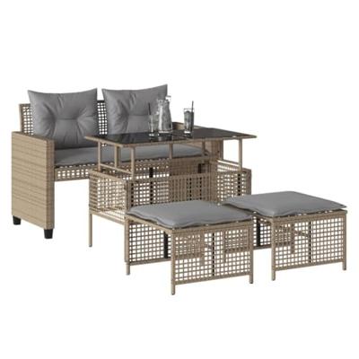 4-delige Loungeset met kussens poly rattan en glas beige - thumbnail