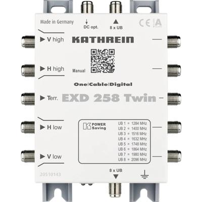 Kathrein EXD 258 Twin Satelliet multiswitch cascade unicable Ingangen (satelliet): 5 (4 satelliet / 1 terrestrisch) Aantal gebruikers: 16 Standby-functie
